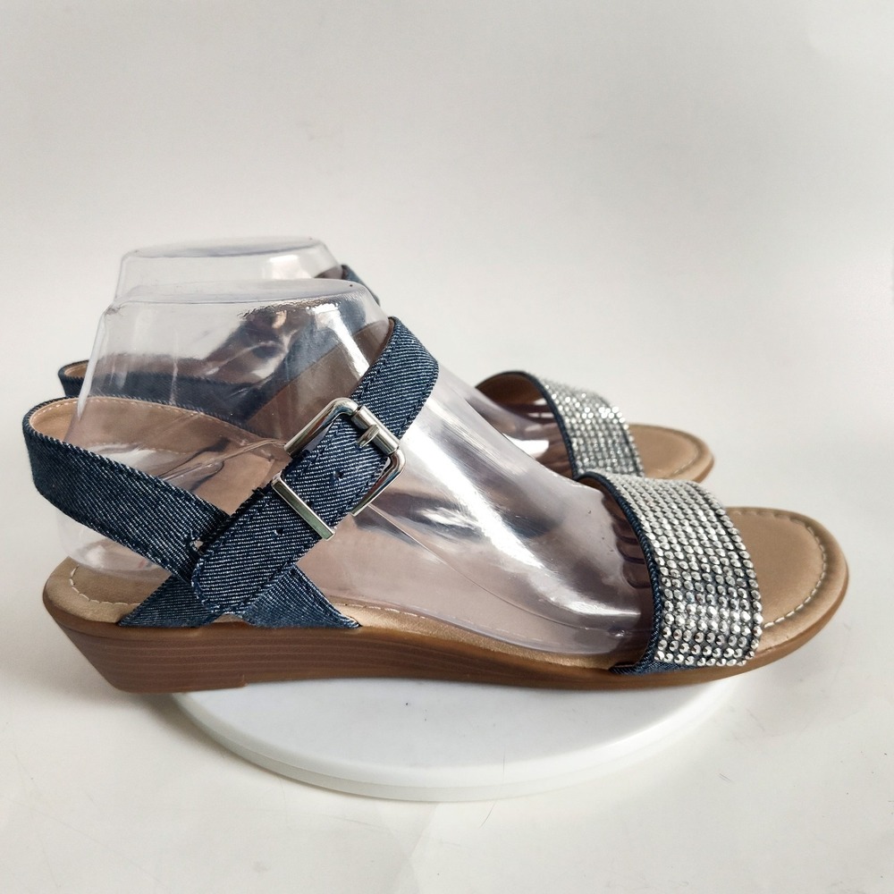 Rialto Sandals Size 10 Ankle Strap‎ Studded Denim & Diamonds Low Wedge Comfort